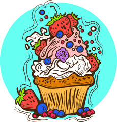 Sweet tasty dessert cupcake with cream and deco for morning breakfast in café or restaurant. Mini birthday cake for pleasure. Hand drawn retro vintage colorful vector illustration. Old style drawing.