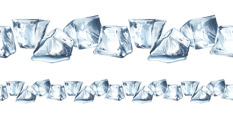 Ice cubes in the shape of a trapezoid. Watercolor illustration of seamless pattern. Frozen water. Horizontal ornament made of ingredients for cold alcoholic drinks. Packaging, menu, cocktail card.