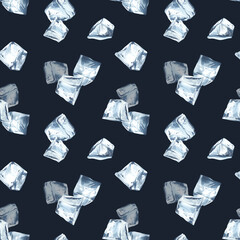 Scattered ice cubes in the shape of a trapezoid on a dark blue background. Watercolor illustration of seamless pattern. Ingredient for cold drinks. Packaging, textiles, menu, cocktail menu
