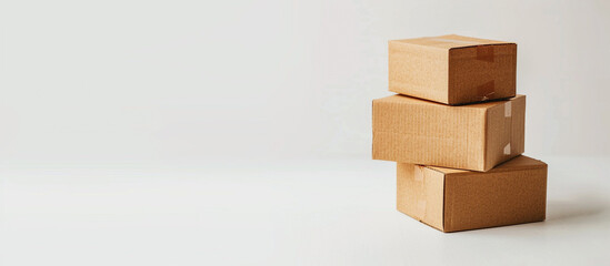Three brown cardboard shipping cartons stacked neatly together on a white background, ready to be shipped to their intended destination - obrazy, fototapety, plakaty