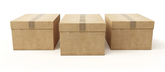 Three brown shipping cartons stacked together against a seamless white background, highlighting the importance of secure packaging in the transportation of goods