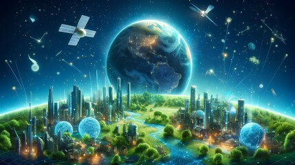 futuristic Earth, space technology, global connectivity, advanced technology, vibrant cityscapes digital art, future innovation, connected world, 