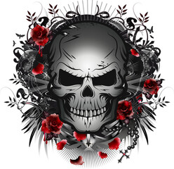 dunkler Gothic Skull mit roten Rosen Schwarz Wei&szlig; Rot Zeichnung