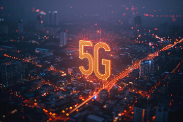 5G network tower radiating signals over a smart city, ultrafast digital communication