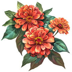 Clipart illustration a zinnia flower and leaves on white background. Suitable for crafting and digital design projects.[A-0003]