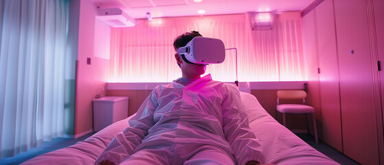 VR therapy session, patient overcoming phobias, calming virtual environment
