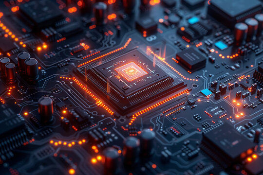 Quantum computer core glowing, intricate circuitry, futuristic lab setting