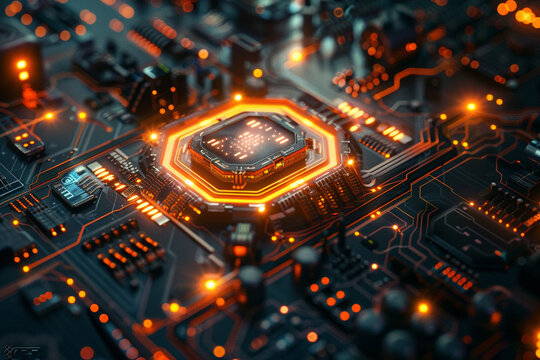 Quantum computer core glowing, intricate circuitry, futuristic lab setting