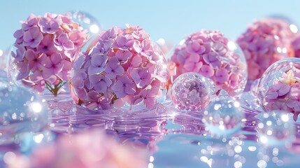   A tight shot of various blooms in a water-filled bowl, against a backdrop of a tranquil blue sky