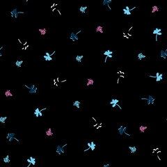 Frogs and flowers in pink, blue & navy on black.