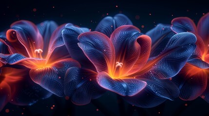   A tight shot of blooms against a black backdrop, adorned with red and blue spirals on their petals