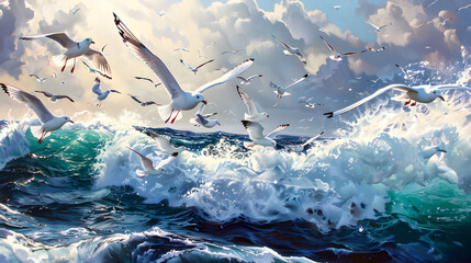 many birds is flying on the ocean