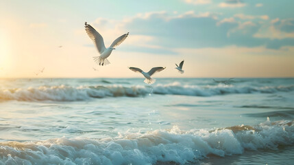 seagulls flying over the sea