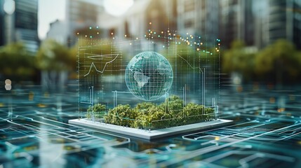 Graphs and diagrams that are holograms of the environmental, sustainable business models, social, and governance concept. Generative AI.