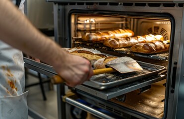 A person is taking out bread from an oven