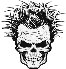 Skull mit wilder Wissenschaftler Haarfrisur Schwarz Weiß Zeichnung