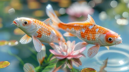   Two koi fish, one orange and the other white, swim in a pond filled with water lilies A pink flower floats in the foreground