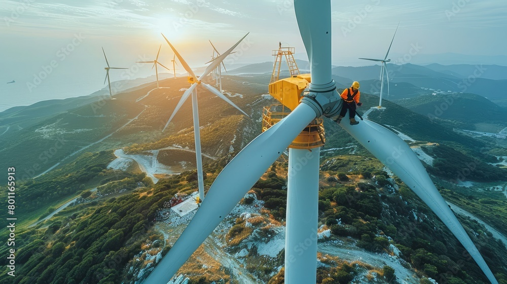 Poster Close up of technicians working on a wind turbine, drone view. Generative AI.