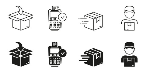 Purchase And Delivery Steps Line and Silhouette Icon Set. Order Process Symbol Collection. Packaging, Payment, Shipping Pictogram. Shipment Guide Sign. Isolated Vector Illustration