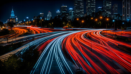 High speed forward light, urban expressways and traffic flow, time-lapse photography, abstract background, colored light, technology and city