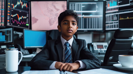 Indian teenager stock broker seating office and looking on the computer screen