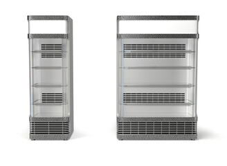 Refrigerated showcases with glass doors. 3d illustration set on white background