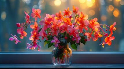   A vase, brimming with pink flowers, sits atop a window sill before a window