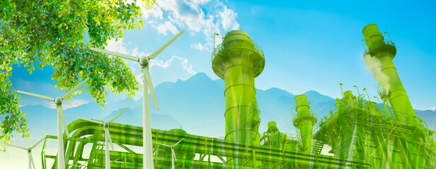 power plant building overlay green leaf plant tree and wind turbines, clean power green industry factory for nature concept - 801166381