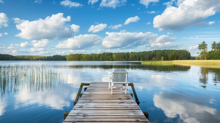 Naklejka premium Landscape with a long wooden pier with chairs for fishing and relaxing enjoying the lake view