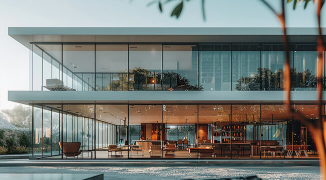 A two store house where the wall are made of glass. Minimal style. Generative AI.