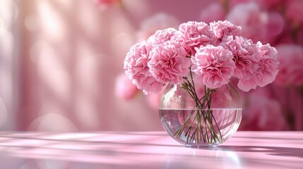   A pink table holds a vase with pink carnations Adjacent is another vase, brimming with pink blooms