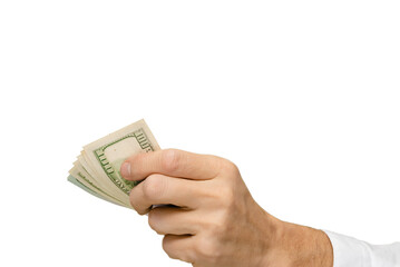 Male hand holding dollar money and making savings isolated on white background, highlighting the significance of financial success and the impact it can have on one's life.