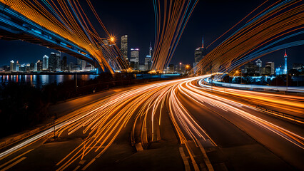 Fototapeta na wymiar High speed forward light, urban expressways and traffic flow, time-lapse photography, abstract background, colored light, technology and city