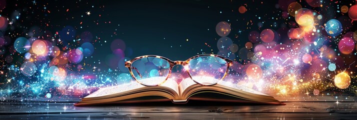 Augmented reality education  3d glasses emerging from book, symbolizing immersive learning tech