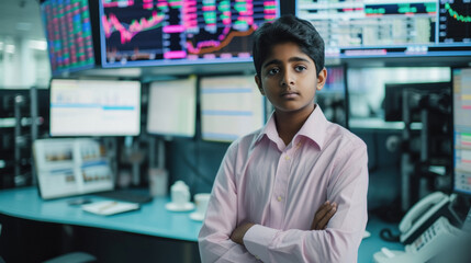 Fototapeta premium Indian teenager stock broker seating office and looking on the computer screen