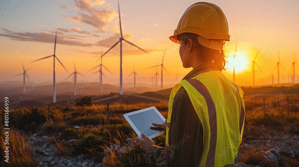 Poster An engineer in a reflective vest and hardhat is inspecting a tablet with wind turbines in the background during sunset. Generative AI.