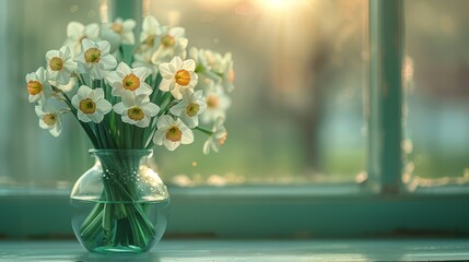   A window sill holds a vase filled with white daffodils