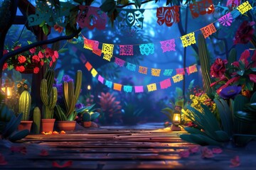 String of handmade cut paper flags on blurred background with empty wooden stage. Mexican party decoration. Day of the Dead, Halloween, Cinco de Mayo. Template with space for text, design or product