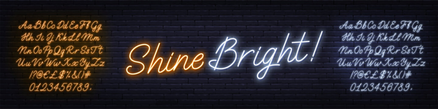 Shine Bright neon text on brick wall background.