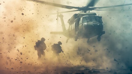 Intense Military Helicopter Deployment of Soldiers in Hot Landing Zone with Dust and Blurring Action - obrazy, fototapety, plakaty
