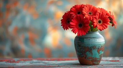   A red-flowered vase atop a wooden table Nearby, a blue-and-white vase holds red blooms