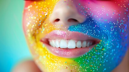 Fototapeta premium Vibrant celebration a woman s colorful smile shines brightly in a world of dazzling colors