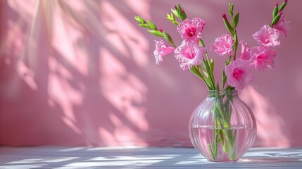   A vase, brimming with pink blooms, rests atop a table Nearby, a pink wall extends, casting a shadow beneath it