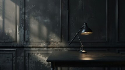 A desk lamp is on a table in front of a black wall
