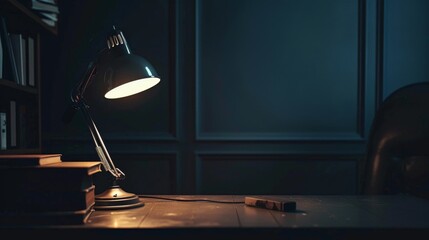 A desk lamp is on a table in front of a black wall