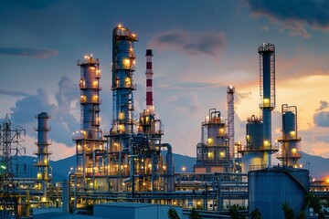 Night View of Illuminated Industrial Plant
