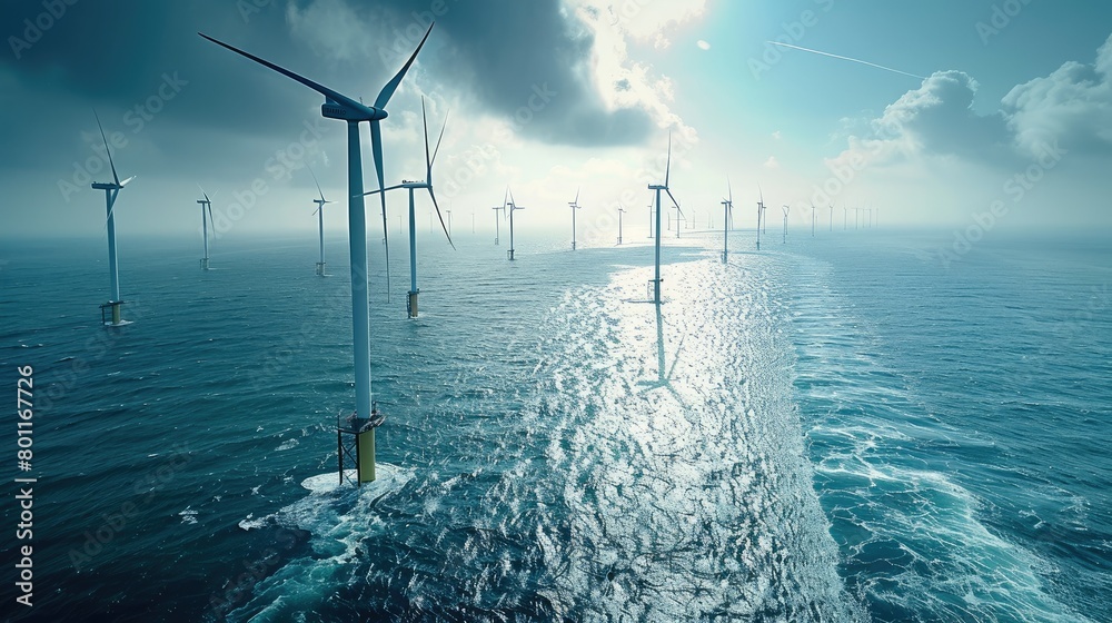 Poster a windmill park in the ocean, drone aerial view of windmill turbines generating green energy electri