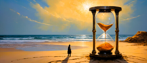 A hobo walks on a sunny beach next to a huge hourglass. Painting.