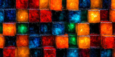 Wall made of colored glass cubes.