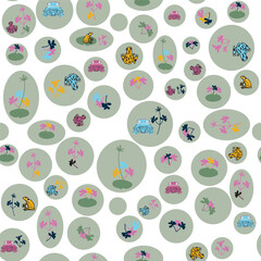 Frogs, lilies & flowers in blue, pink & yellow in green circles and ovals.   